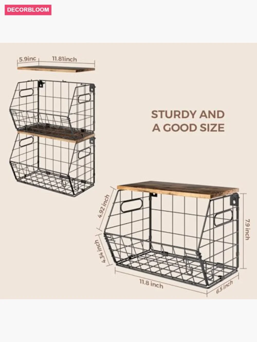 Stackable Metal Fruit Basket with Wood Lid 2 Pack, Hanging Wall Organizer for
